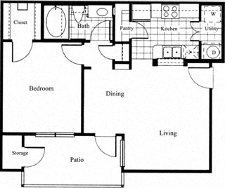 Floor plan for 1 bed, 1 bath, 651 sqft