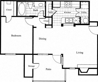 Floor plan for 1 bed, 1 bath, 701 sqft