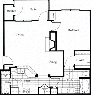 Floor plan for 1 bed, 1 bath, 806 sqft