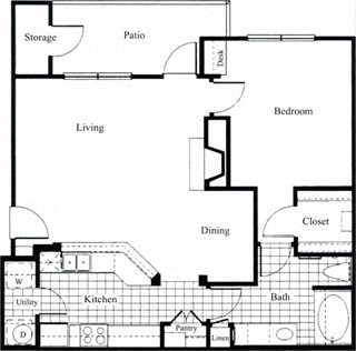 Floor plan for 1 bed, 1 bath, 857 sqft