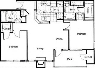Floor plan for 2 beds, 2 baths, 1045 sqft
