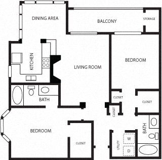 Floor plan for 2 beds, 2 baths, 1104 sqft
