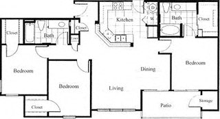 Floor plan for 3 beds, 2 baths, 1245 sqft