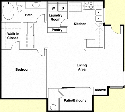 Floor plan for 1 bed, 1 bath, 771 sqft