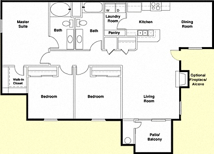 Floor plan for 3 beds, 2 baths, 1240 sqft