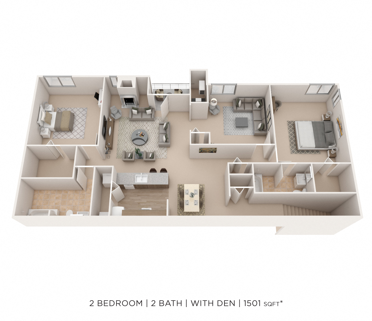 Floor plan for 2 beds, 2 baths, 1501 sqft