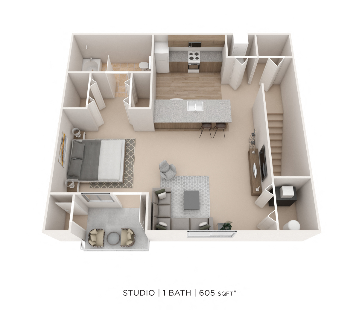 Floor plan for studio, 1 bath, 605 sqft