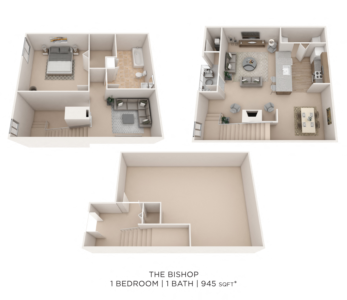Floor plan for 1 bed, 1 bath, 945 sqft