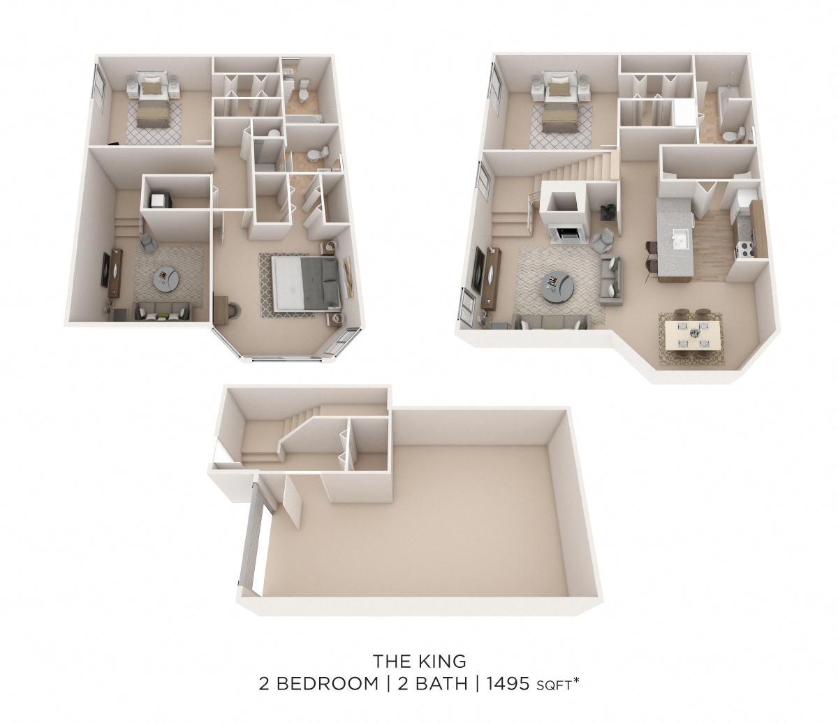 Floor plan for 3 beds, 3 baths, 1495 sqft