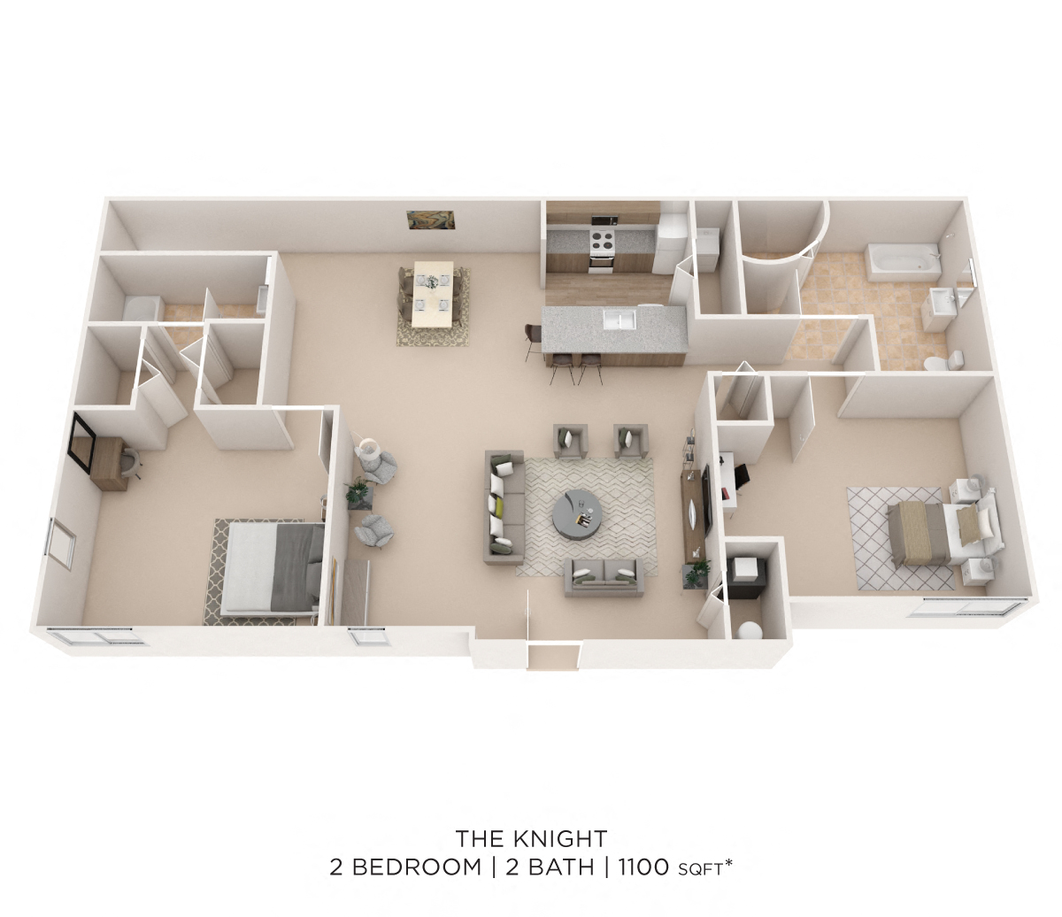 Floor plan for 2 beds, 2 baths, 1101 sqft