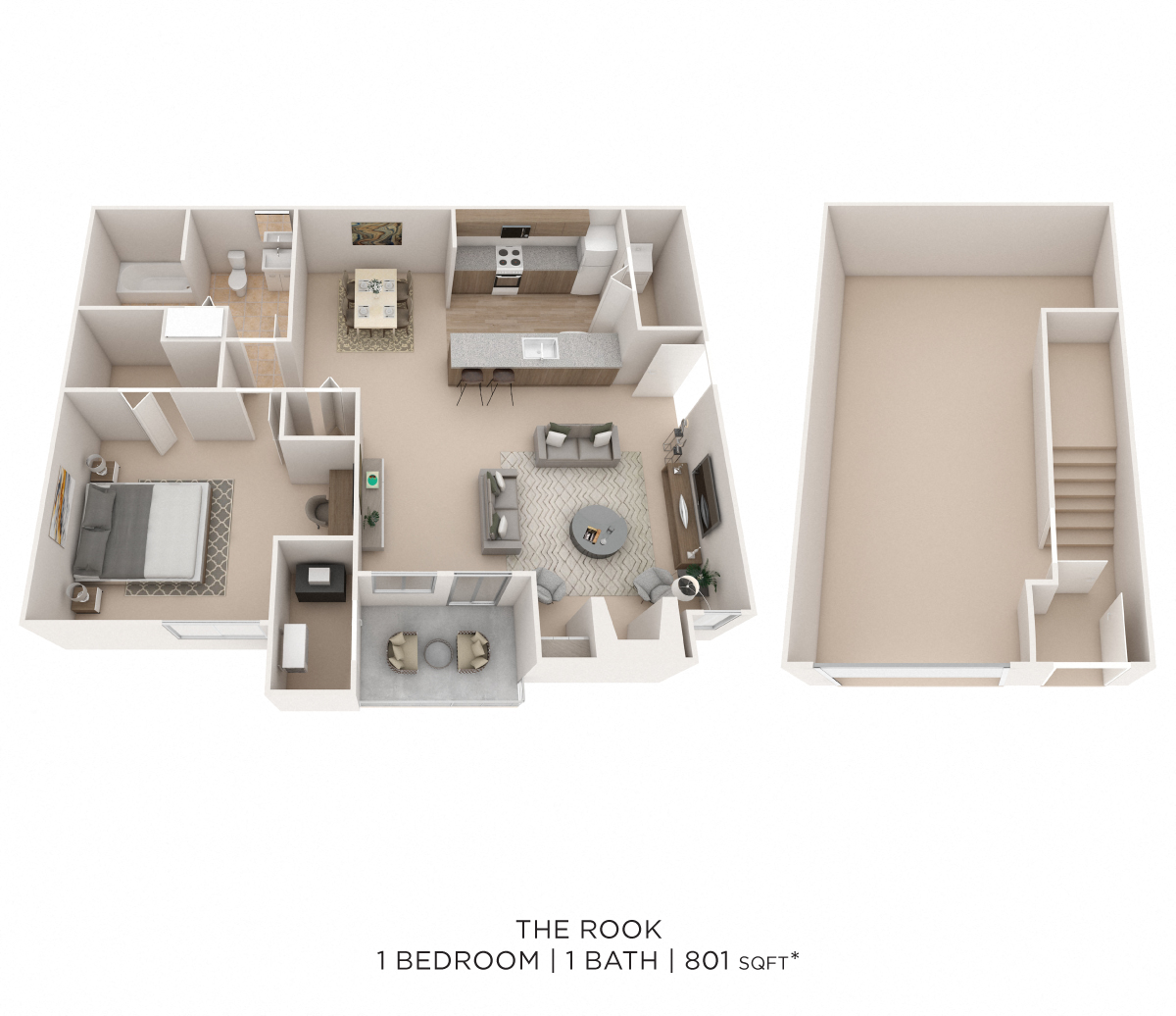 Floor plan for 1 bed, 1 bath, 801 sqft