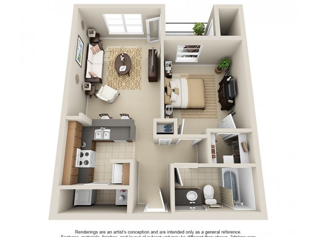 Floor plan for 1 bed, 1 bath, 644 sqft