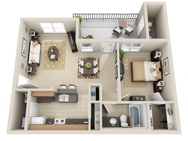 Floor plan for 1 bed, 1 bath, 729 sqft