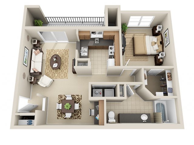 Floor plan for 1 bed, 1 bath, 774 sqft