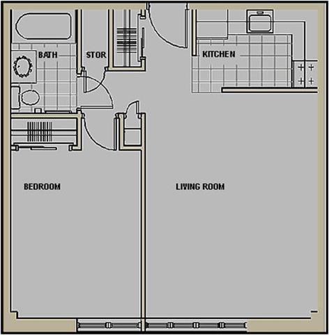 Floor plan for 1 bed, 1 bath, 625 sqft