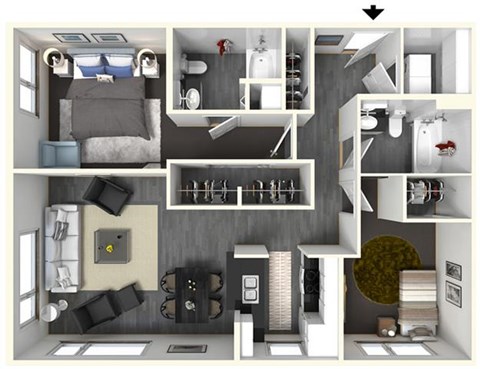 Floor plan for 2 beds, 2 baths, 1004 sqft