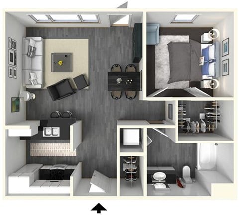 Floor plan for 1 bed, 1 bath, 687 sqft