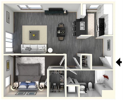 Floor plan for 1 bed, 1 bath, 718 sqft