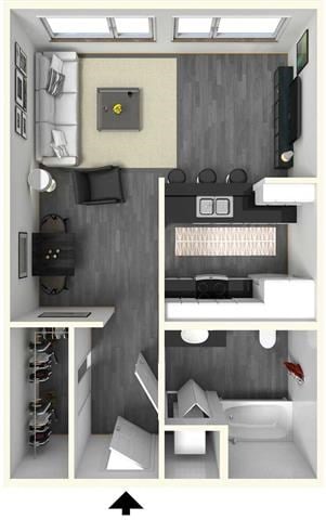 Floor plan for studio, 1 bath, 490 sqft