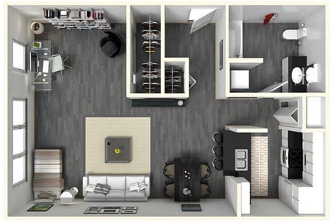 Floor plan for studio, 1 bath, 646 sqft