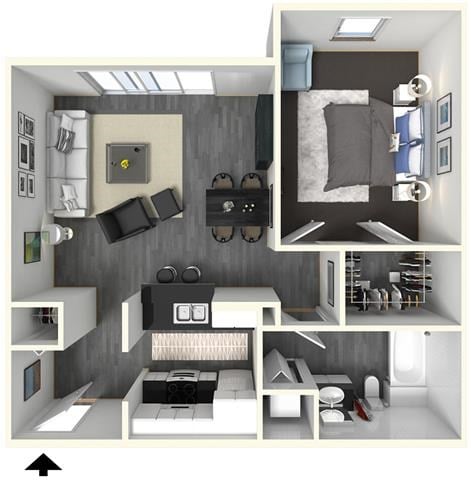 Floor plan for 1 bed, 1 bath, 717 sqft