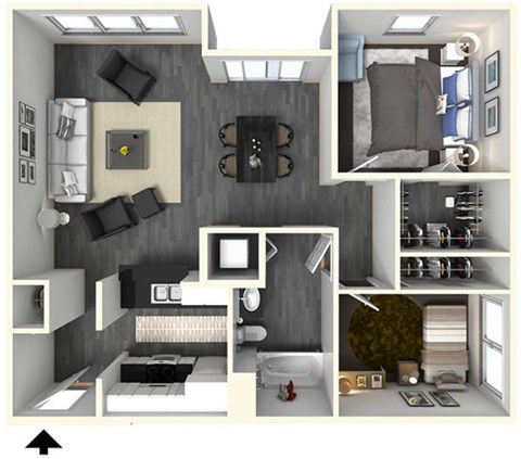 Floor plan for 2 beds, 1 bath, 863 sqft