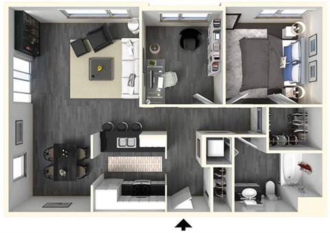 Floor plan for 1 bed, 1 bath, 869 sqft