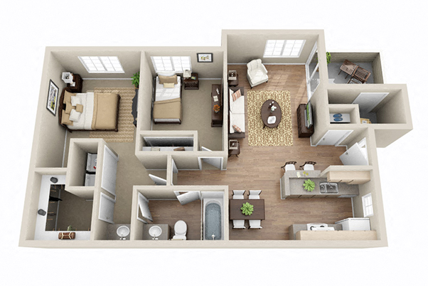 Floor plan for 2 beds, 1 bath, 868 sqft