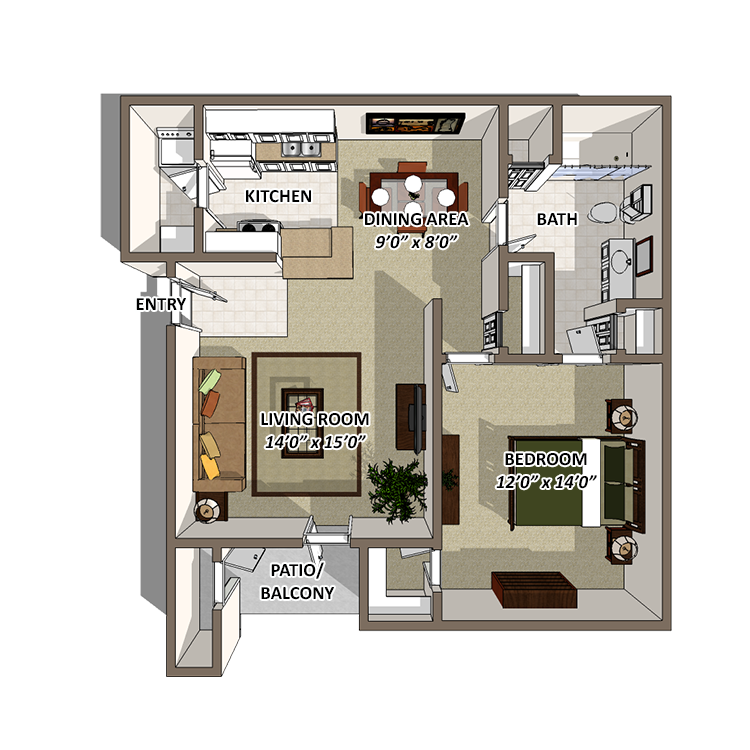 Floor plan for 1 bed, 1 bath, 745 sqft