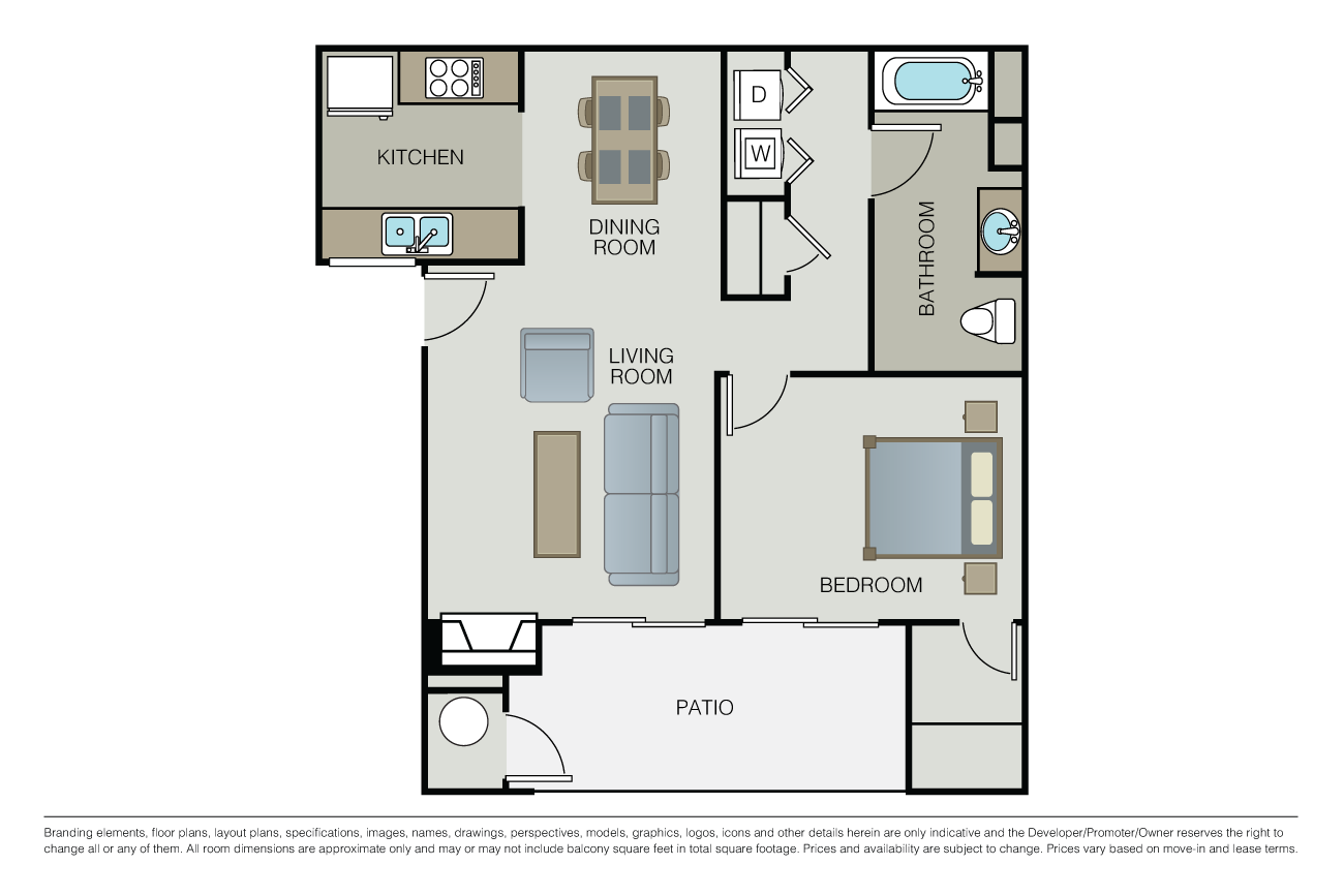 Floor plan for 1 bed, 1 bath, 775 sqft