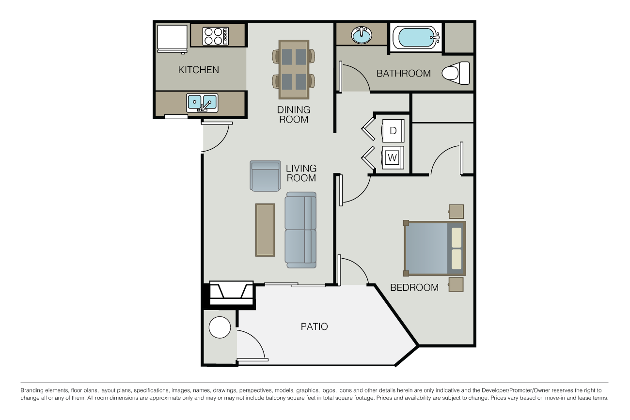 Floor plan for 1 bed, 1 bath, 729 sqft