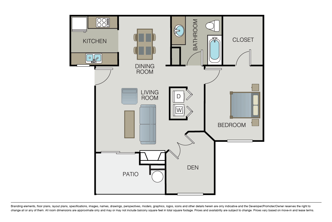 Floor plan for 1 bed, 1 bath, 886 sqft
