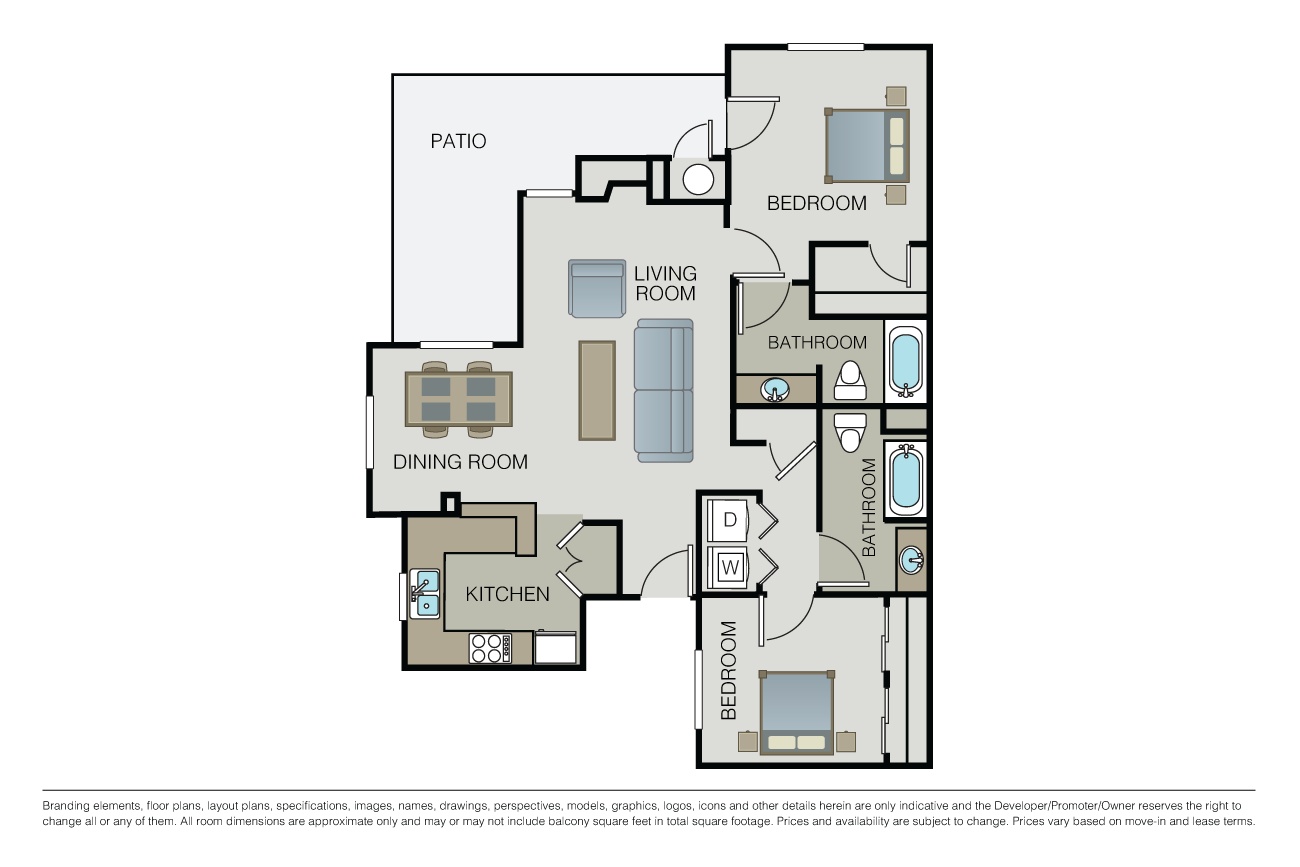 Floor plan for 2 beds, 2 baths, 1084 sqft