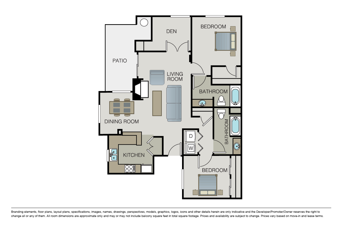 Floor plan for 2 beds, 2 baths, 1182 sqft