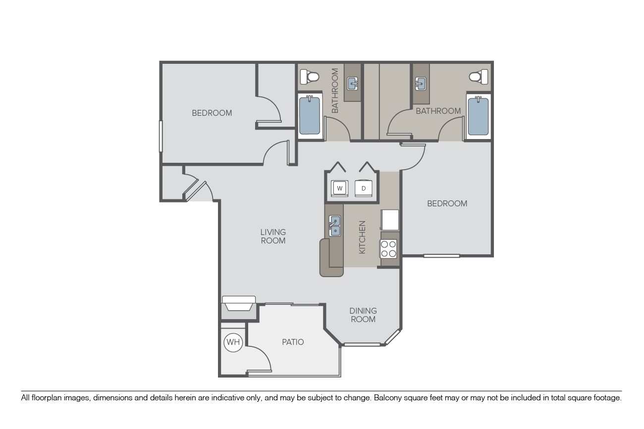 Floor plan for 2 beds, 2 baths, 986 sqft