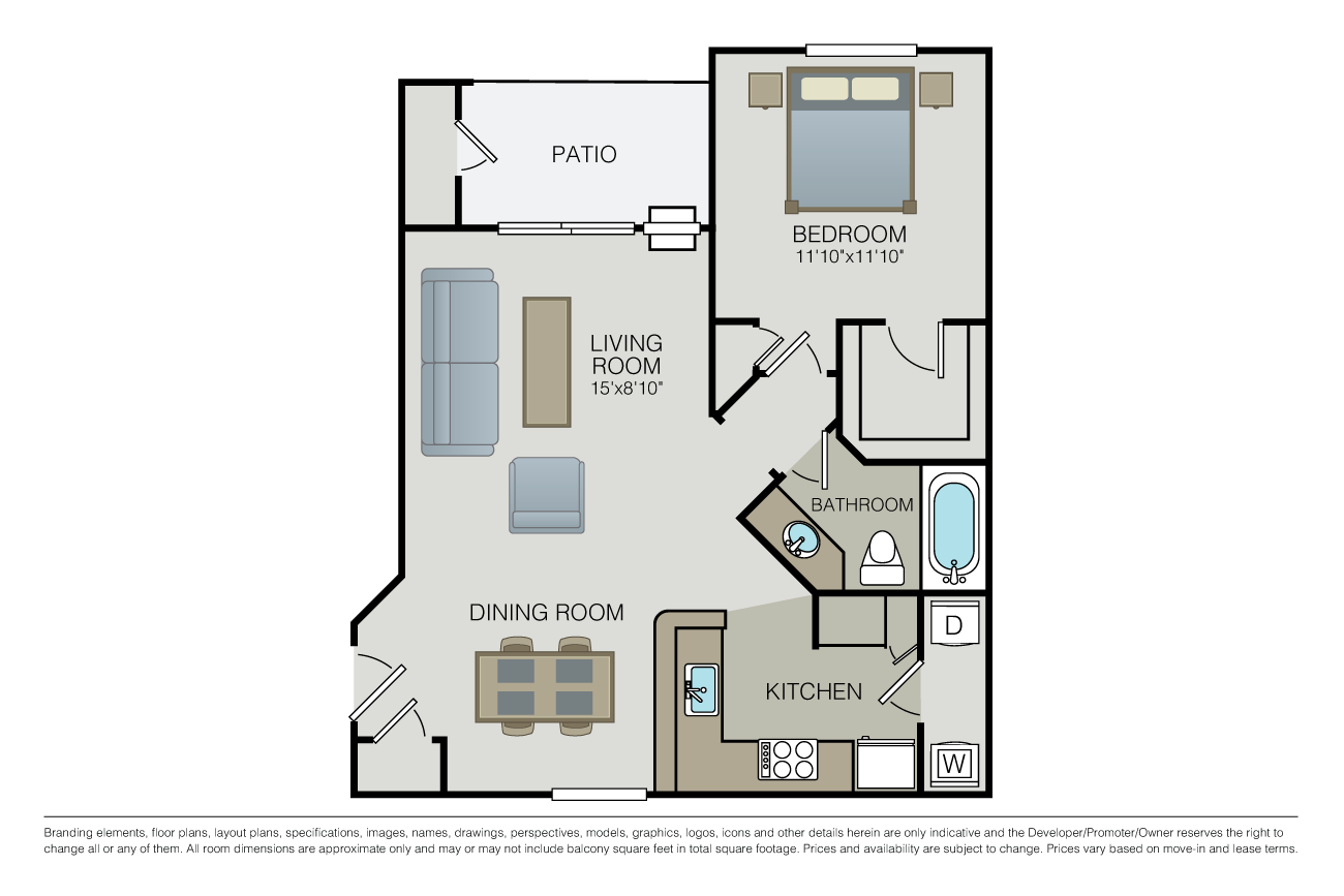 Floor plan for 1 bed, 1 bath, 760 sqft