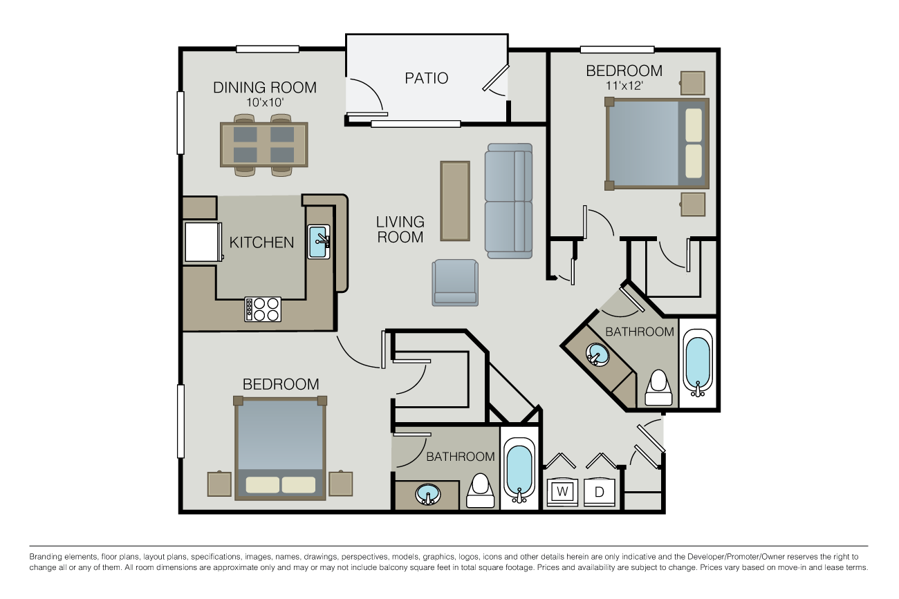 Floor plan for 2 beds, 2 baths, 1028 sqft