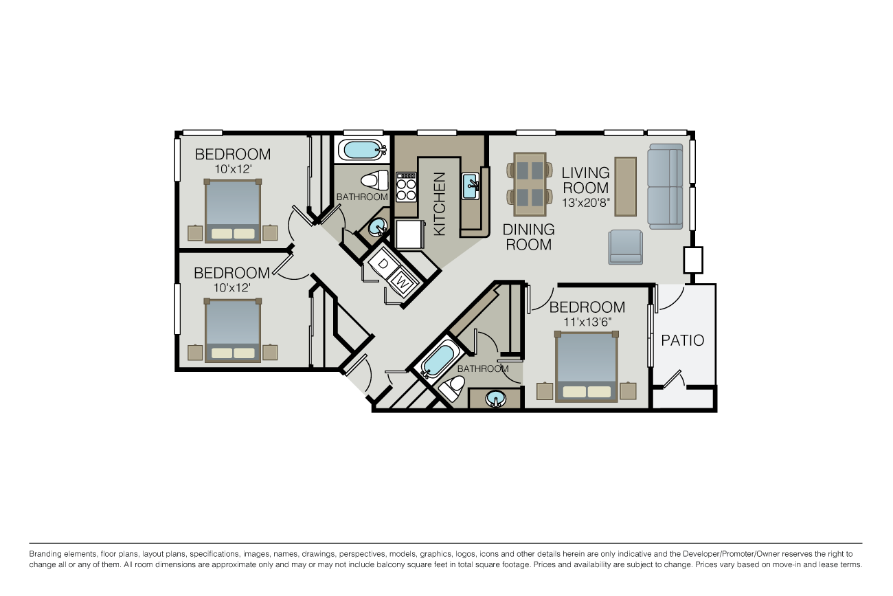 Floor plan for 3 beds, 2 baths, 1232 sqft