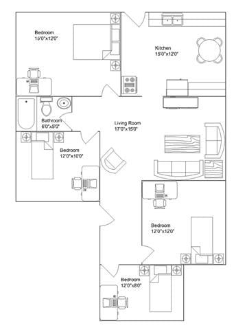Floor plan for 4 beds, 1 bath, 1248 sqft