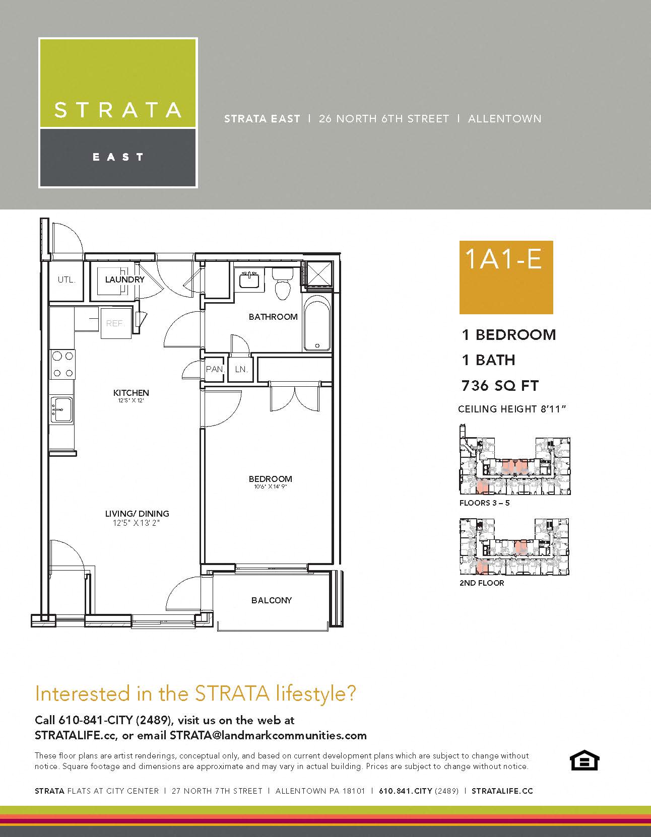 Floor plan for 1 bed, 1 bath, 736 sqft