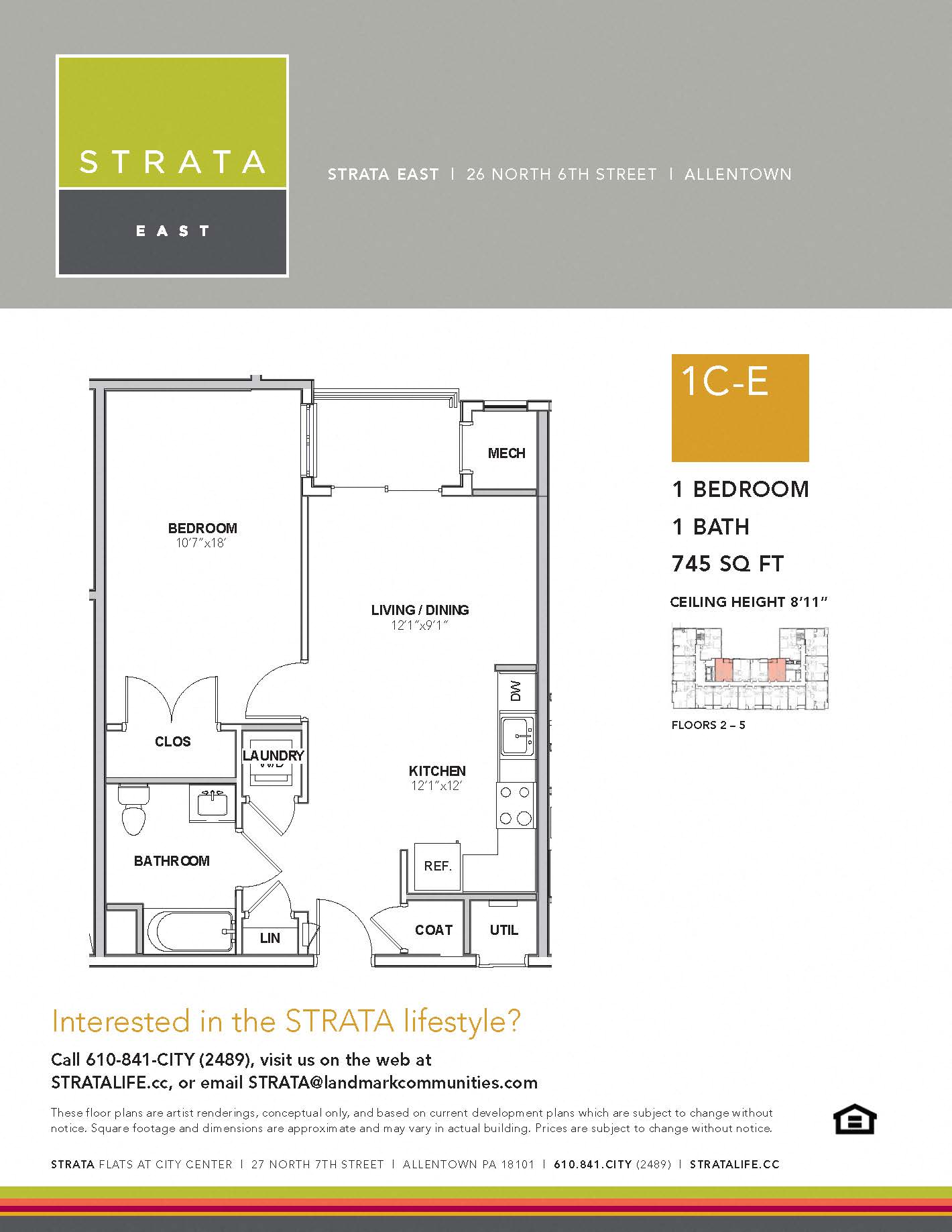 Floor plan for 1 bed, 1 bath, 745 sqft