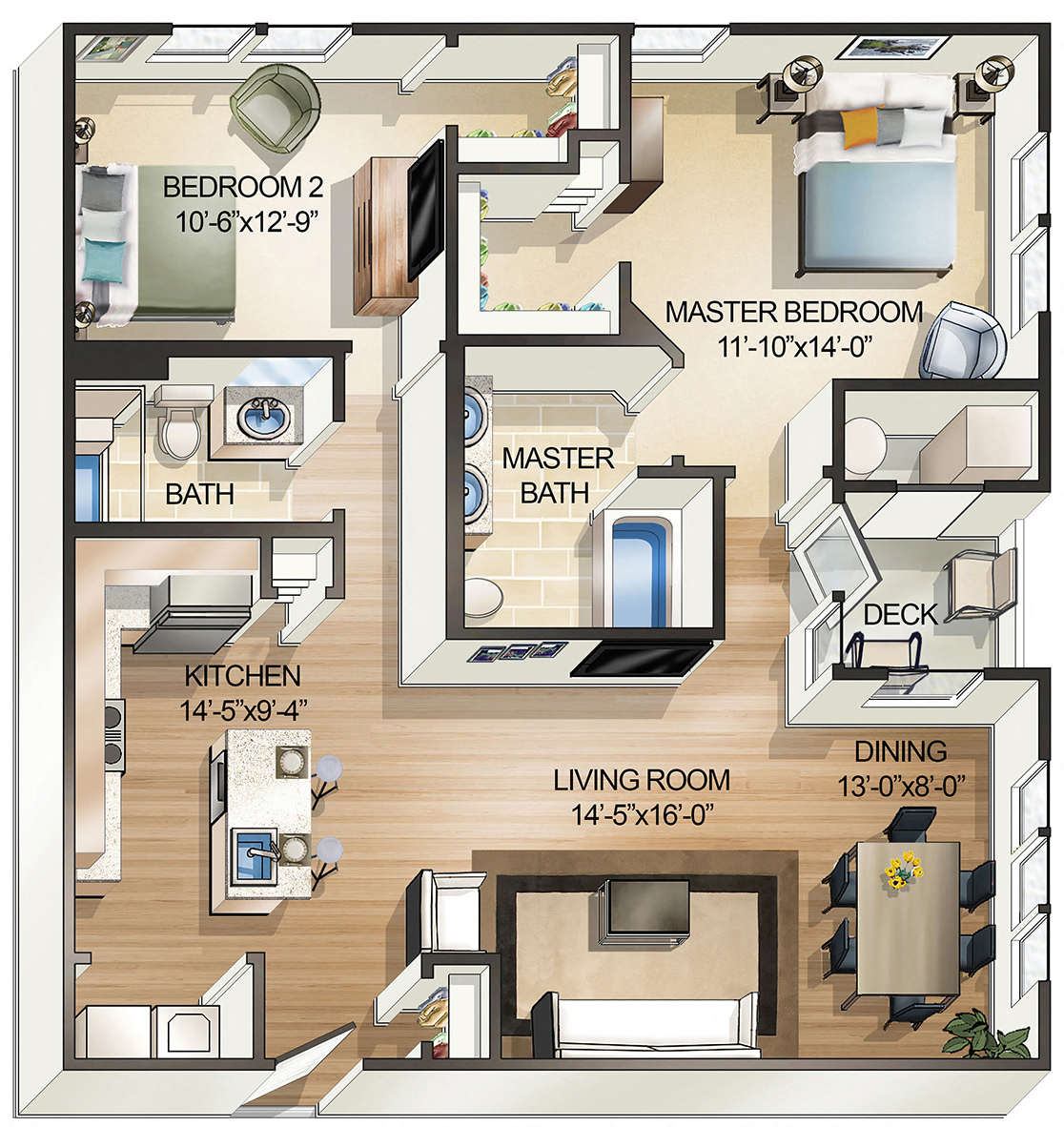 Floor plan for 2 beds, 2 baths, 1160 sqft