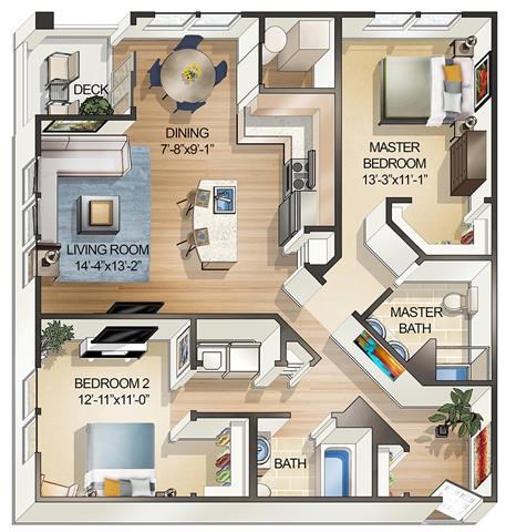 Floor plan for 2 beds, 2 baths, 1154 sqft