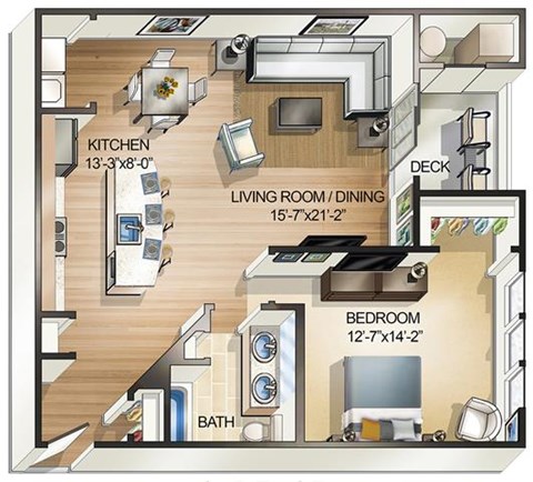 Floor plan for 1 bed, 1 bath, 880 sqft