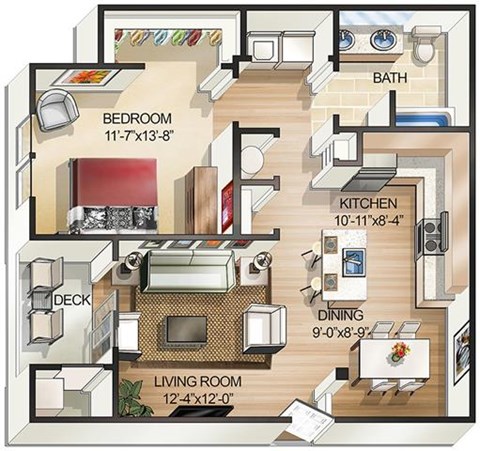 Floor plan for 1 bed, 1 bath, 828 sqft