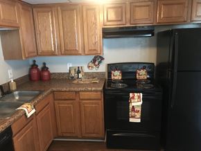 Birmingham apartment for rent - A kitchen with wooden cabinets and a black oven.