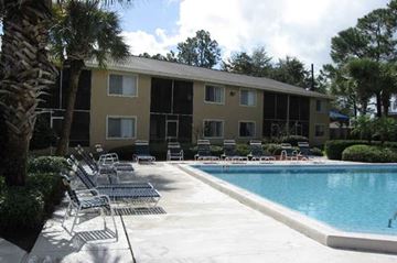 Jacksonville apartment for rent - A pool and sun loungers in front of a building.