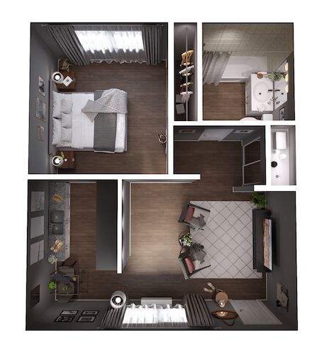 Floor plan for 1 bed, 1 bath