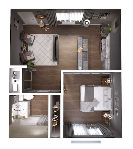 Floor plan for 1 bed, 1 bath
