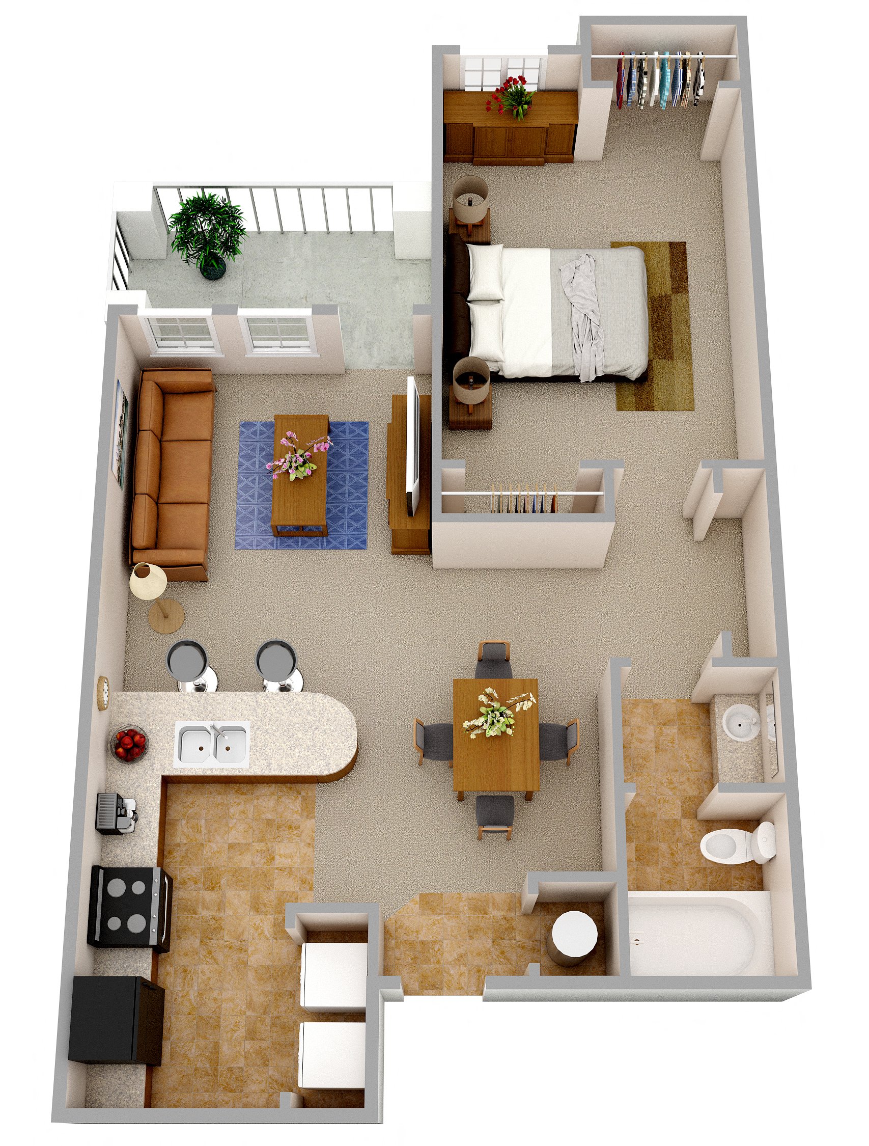 Floor plan for 1 bed, 1 bath, 875 sqft